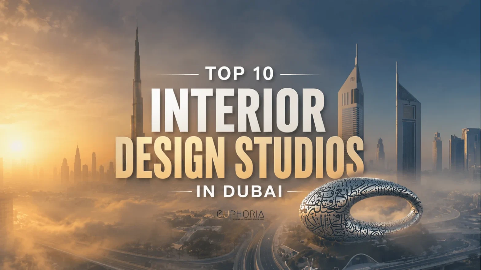 Top 10 interior design studios in Dubai guide cover with the Dubai skyline
