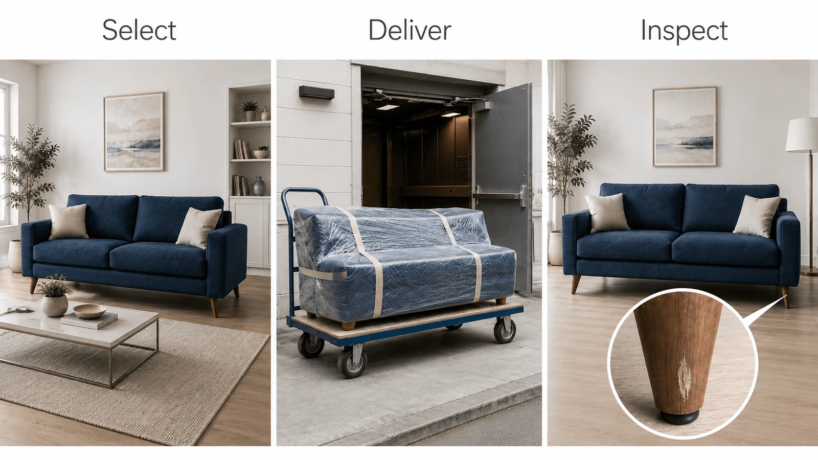 Sofa selected delivered and inspected during furniture procurement by an interior design studio