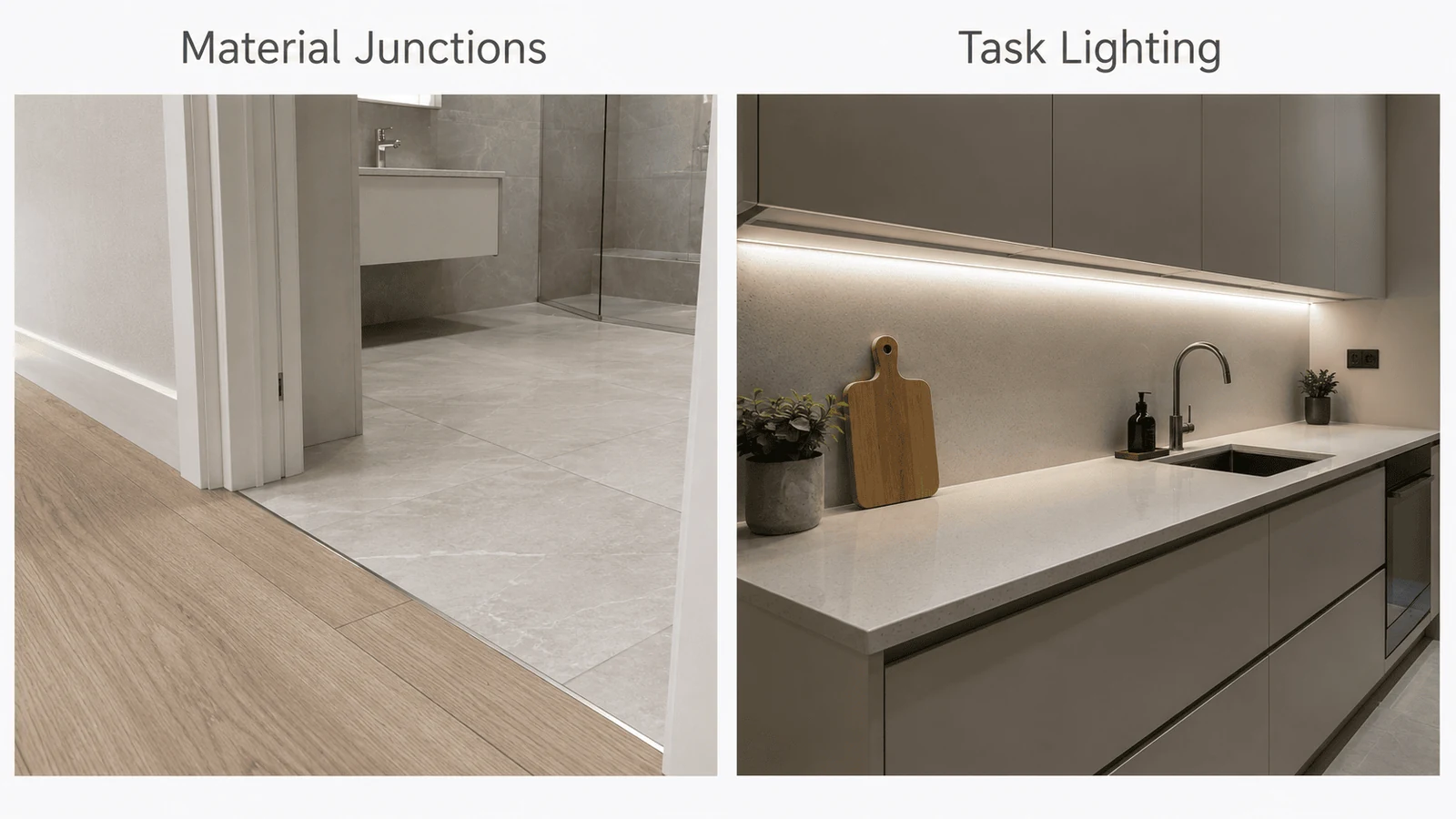 Material junctions and task lighting chosen through interior design studio services