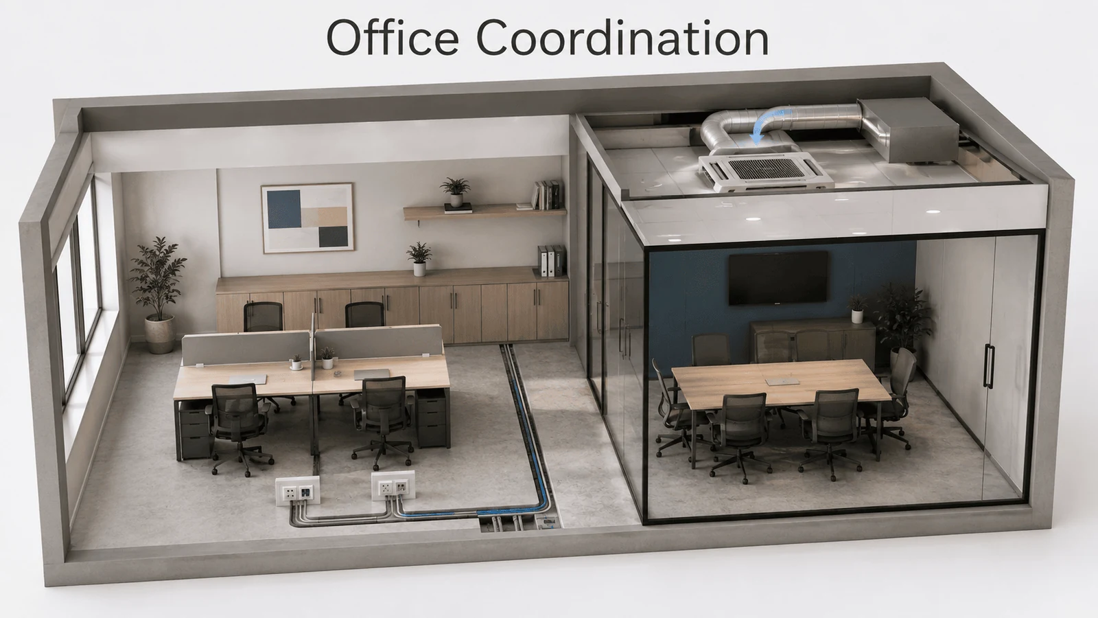 Office layout coordinated with services under commercial interior design services