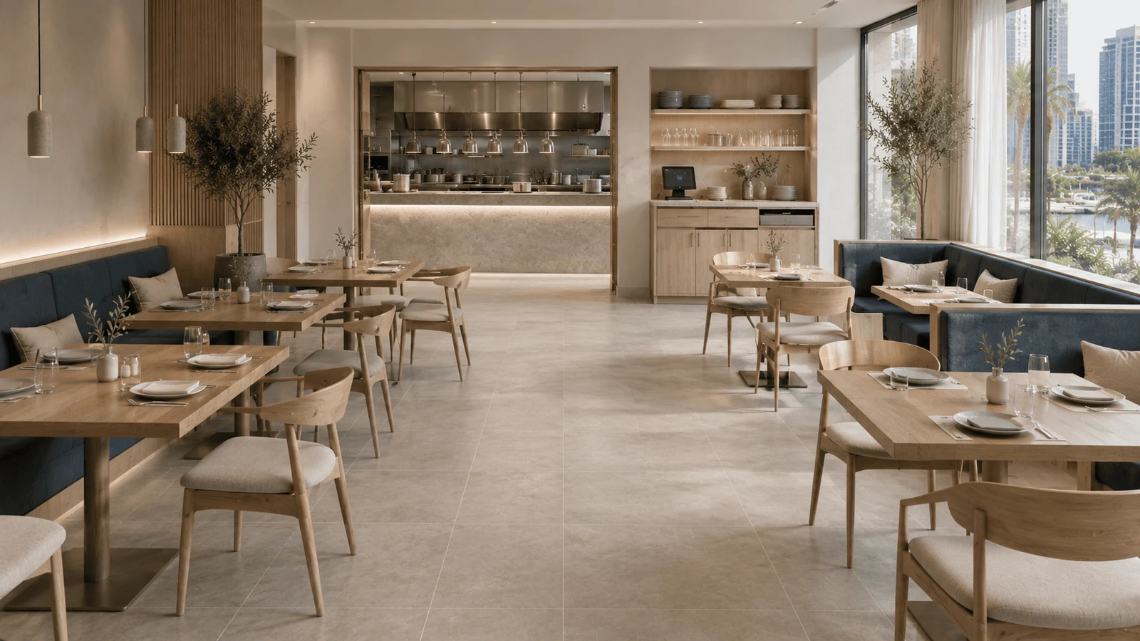 Restaurant seating and service counter designed through interior design studio services