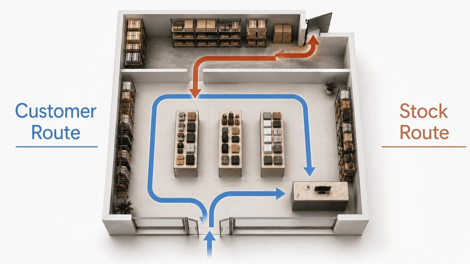 Shop plan showing customer and stock routes planned by an interior design studio
