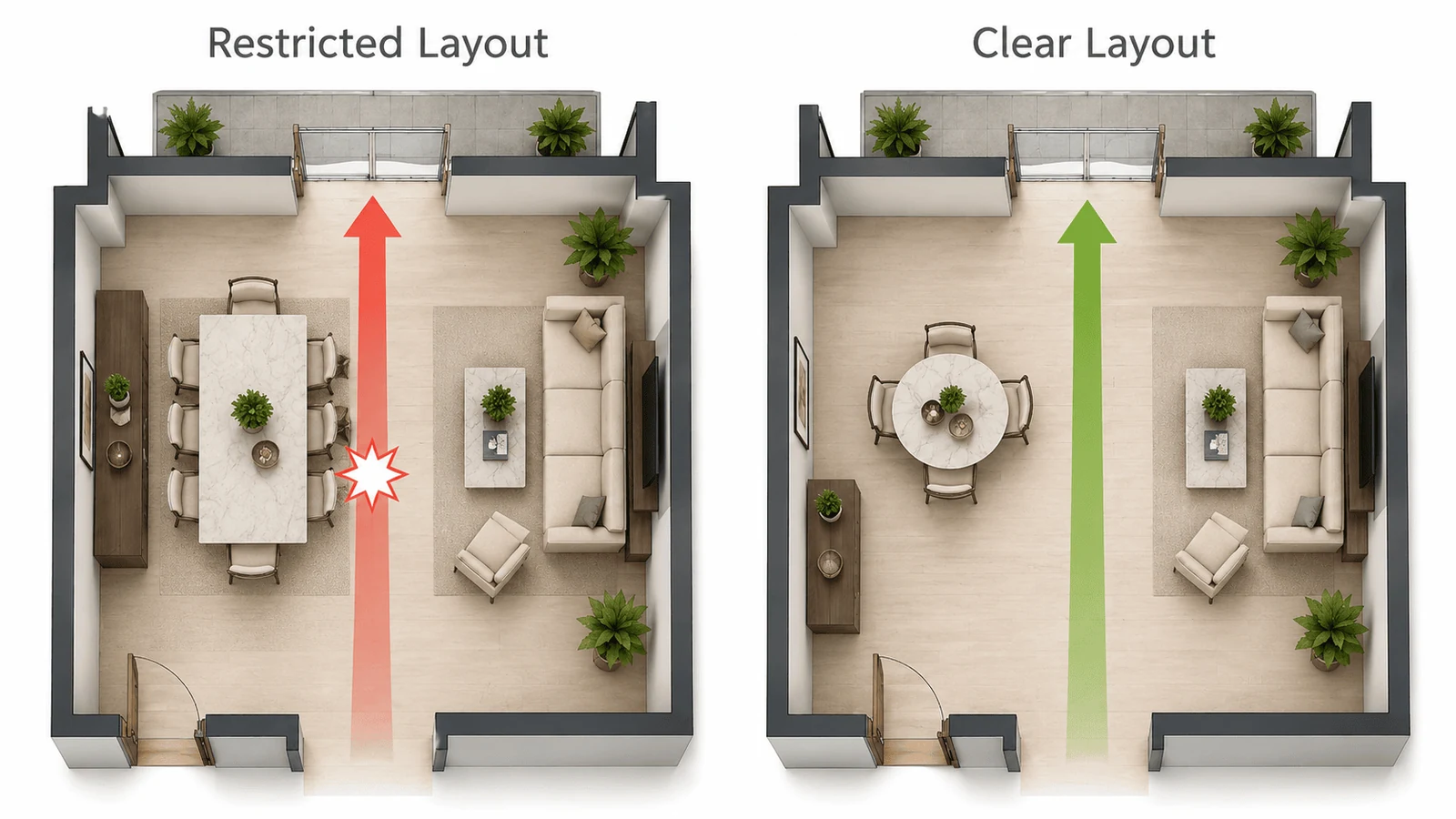 Restricted and clear layout plans compared during space planning by an interior design studio