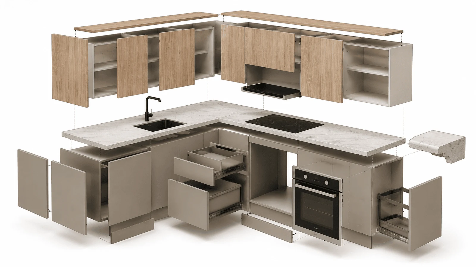 Exploded kitchen drawing showing technical specifications from interior design services