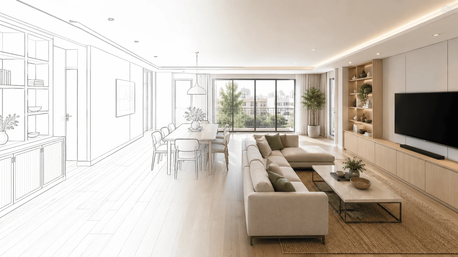 Sketch to finished living room showing what an interior design studio produces